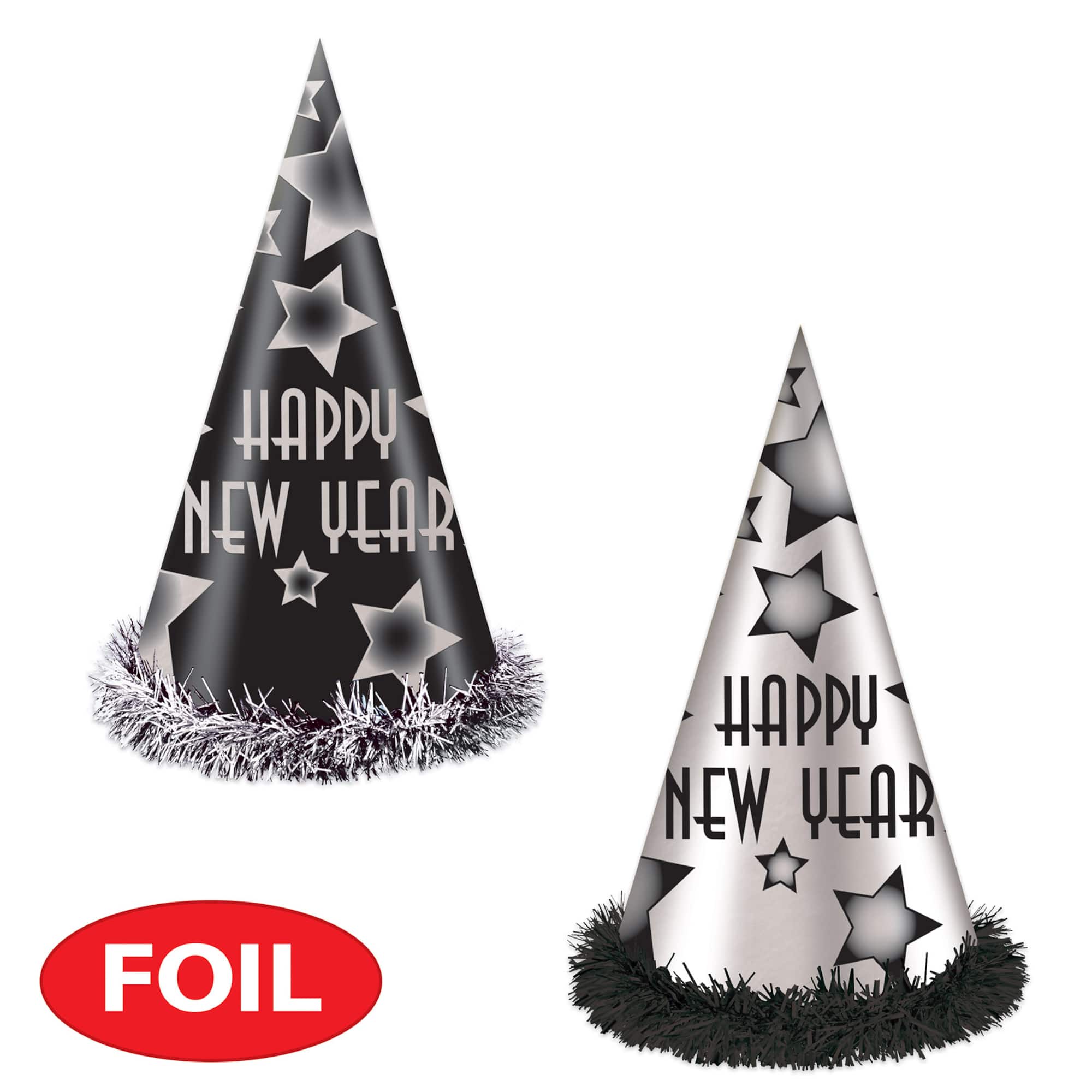 12" Black & Silver Happy New Year Cone Party Hats, 25ct.